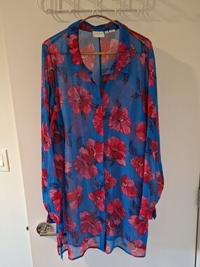 Junarose Vibrant Blue & Red/Pink Flowy Sheer Floral Blouse/Tunic (Size US 18)